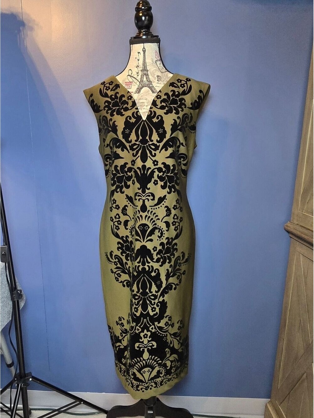 ECI New York Womens 10 Olive Black Flocked Velvet Damask Midi Sheath Dress